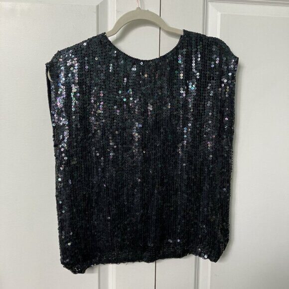 Vintage Rina Z Top Womens L Sequin Beaded V-neck Cap Sleeve 80s Silk Blouse - Picture 2 of 8